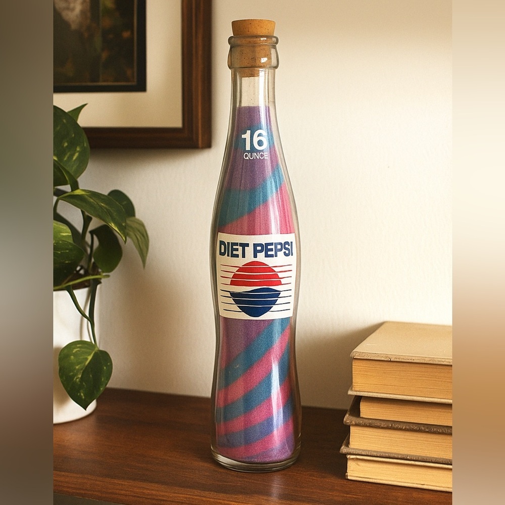 Vintage DietPepsi Stretch Glass Bottle Sand Art Bottle Pink/Teal Layers 13.5–14”